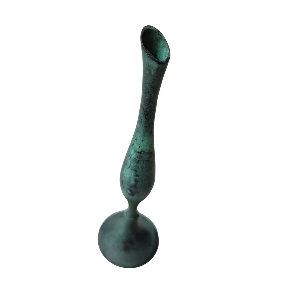 Vintage MCM Brutalist Miniature Bud Vase Green Verdigris Patina Metal 6.75 in A2